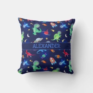 Watercolor Dinosaur Astronauts In Space Blue Cushion