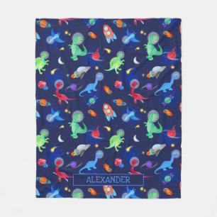 Watercolor Dinosaur Astronauts In Space Blue Fleece Blanket