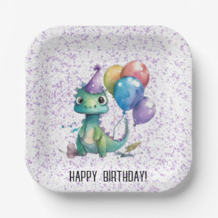 Watercolor Dinosaur Balloons Girl Birthday Party Paper Plate