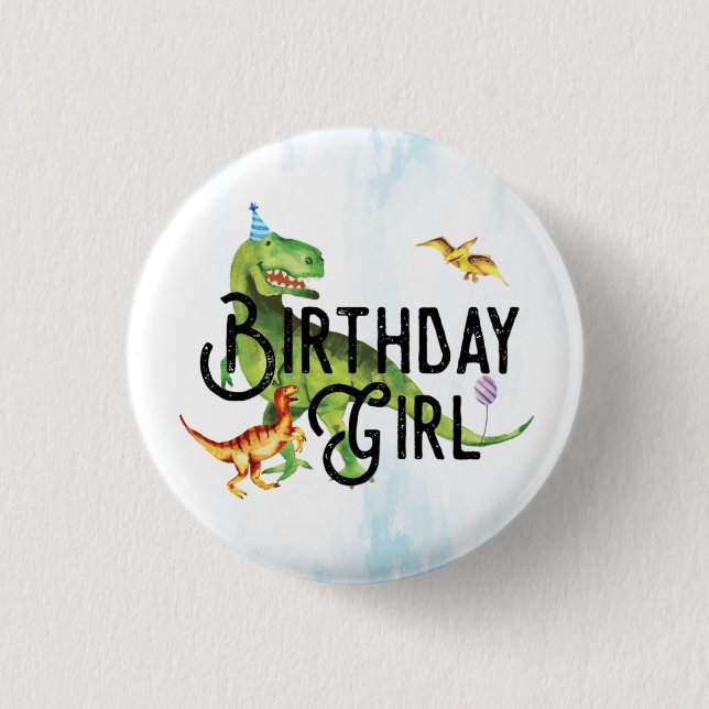 Watercolor Dinosaur Birthday Girl Button (Front)