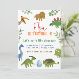 Watercolor Dinosaur Birthday Invitation Card 