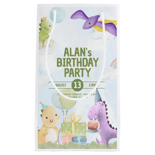Watercolor Dinosaur Birthday Invites Small Gift Bag (Front)