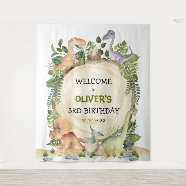 Watercolor Dinosaur Boys Birthday Welcome Party Tapestry (Front)