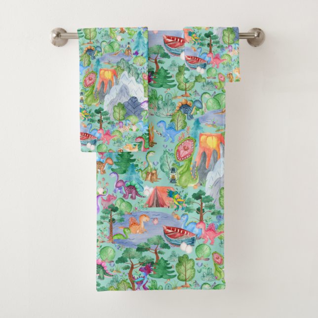 Watercolor Dinosaur Camping Kids Bath Towel Set (Insitu)