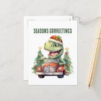 Watercolor dinosaur Christmas car