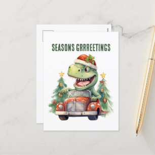 Watercolor dinosaur Christmas car  Holiday Postcard