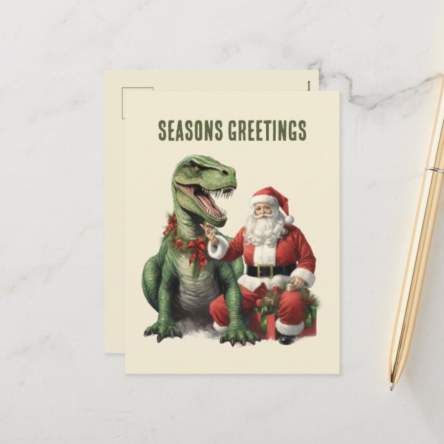 Watercolor dinosaur Christmas Santa  Holiday Postcard (Front/Back In Situ)