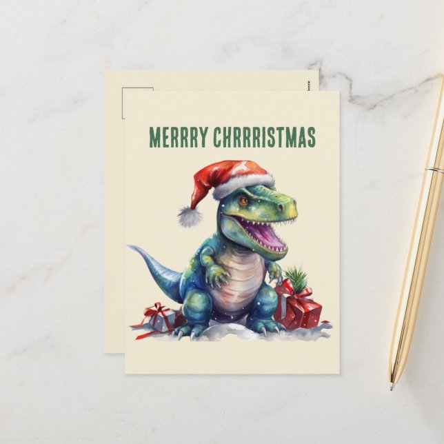 Watercolor dinosaur Christmas Santa Holiday Postcard (Front/Back In Situ)