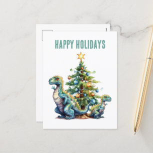 Watercolor dinosaur Christmas tree Holiday Postcard