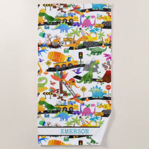 Watercolor Dinosaur Construction Kids Cute Beach Towel