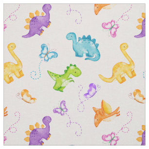 Watercolor Dinosaur Dino Butterfly Pink Baby Girl Fabric