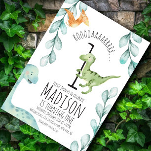 Watercolor Dinosaur First Birthday Party Invitation