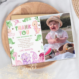 Watercolor Dinosaur Girl 1st Birthday Party Photo Thank You Card