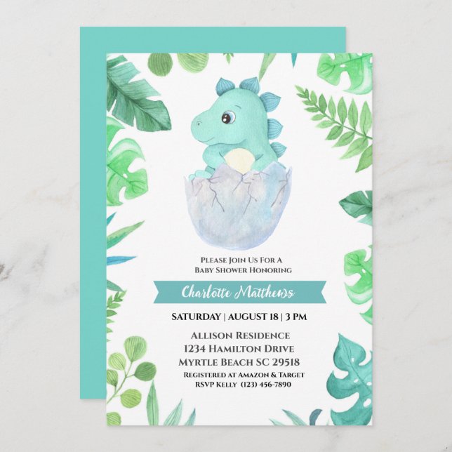 Watercolor Dinosaur Hatching Baby Shower  Invitation (Front/Back)