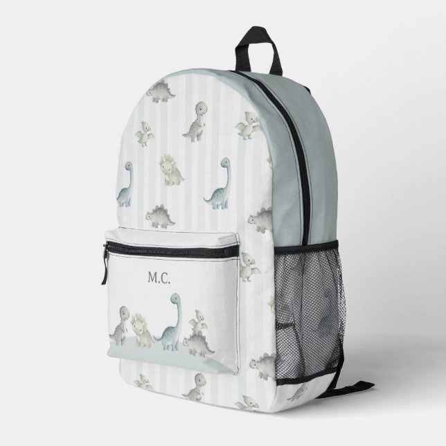 Watercolor Dinosaur Pattern Custom Monogram Kids Printed Backpack (Back Corner Right)