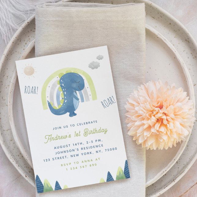 Watercolor Dinosaur & Rainbow Blue 1st Birthday Invitation (Creator Uploaded)