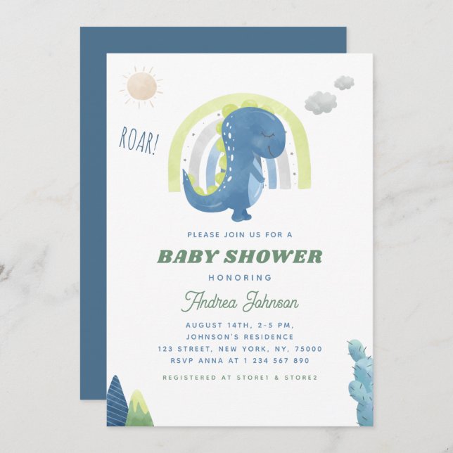 Watercolor Dinosaur & Rainbow Blue Baby Shower Invitation (Front/Back)