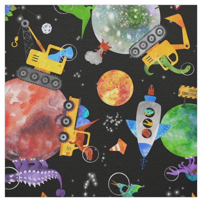 Watercolor Dinosaur Space Construction Cute Kids Fabric (Swatch)