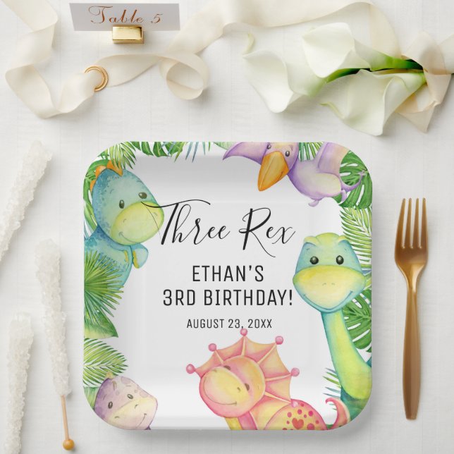 Watercolor Dinosaur Three Rex 3rd Birthday Paper Plate (Wedding)