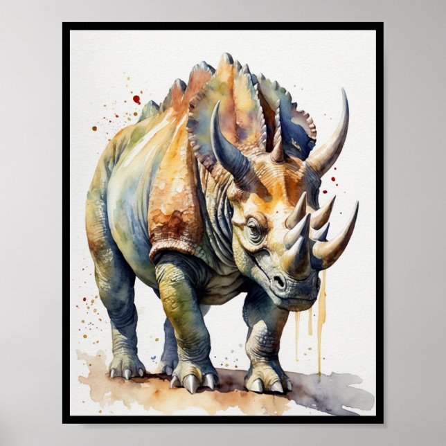 Watercolor Dinosaur Triceratops Ceratopsian Poster (Front)