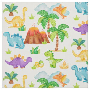 Watercolor Dinosaur Volcano Palm Tree Kids Baby Fabric