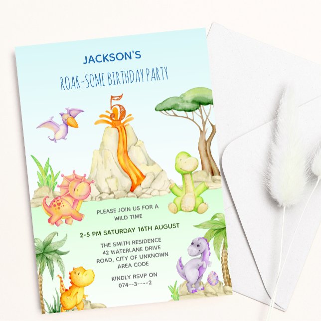 Watercolor Dinosaur Volcano Theme Kids Birthday Invitation (Creator Uploaded)