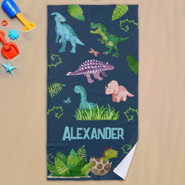 Watercolor Dinosaur with Kids Name  Beach Towel (Creator Uploaded)