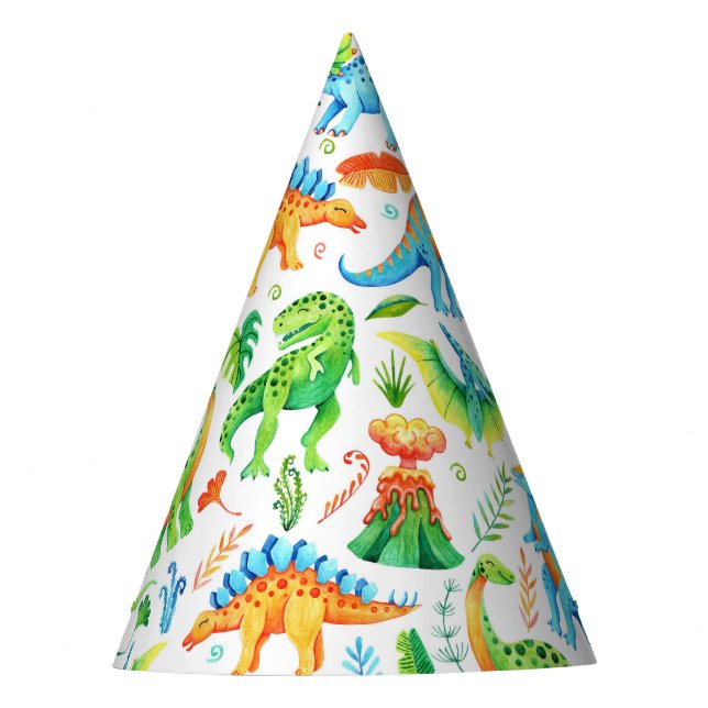 Watercolor Dinosaurs Birthday Party Hat (Front)
