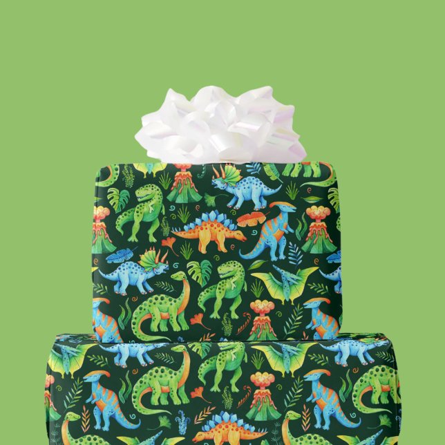 Watercolor Dinosaurs Boys Birthday on Dark Green Wrapping Paper (Watercolor Dinosaurs Boys Birthday on Dark Green Wrapping Paper)