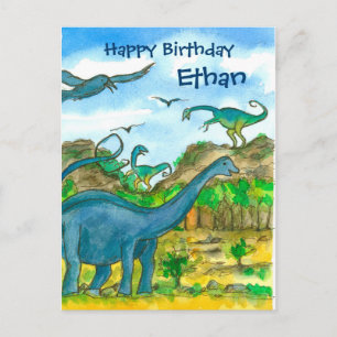 Watercolor Dinosaurs Happy Birthday Custom Name Postcard