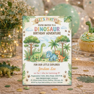 Watercolor Dinosaurs Jungle 2nd Birthday Party Invitation