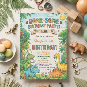 Watercolor Dinosaurs Jungle 7th Birthday Party Invitation