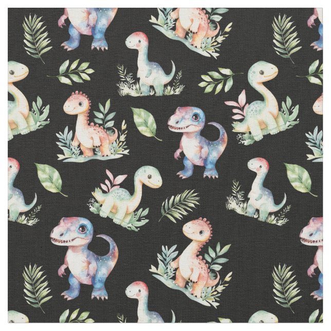 Watercolor Dinosaurs on Black Fabric (Close Up)