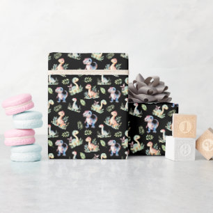 Watercolor Dinosaurs on Black Wrapping Paper