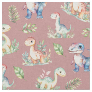Watercolor Dinosaurs on Dark Rose Pink Fabric
