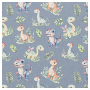 Watercolor Dinosaurs on Grey-Blue Fabric