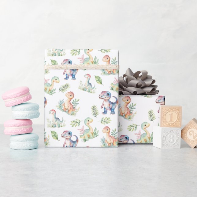 Watercolor Dinosaurs on White Wrapping Paper (Baby Shower)