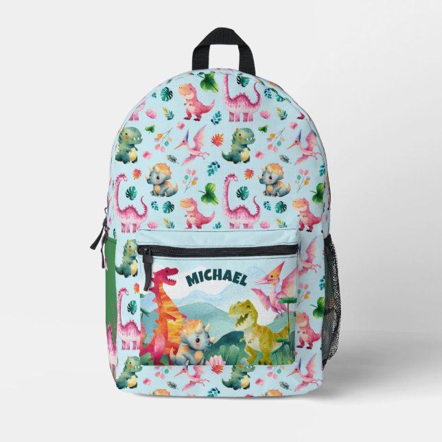 Watercolor Dinosaurs Prehistoric Pattern with Name Printed Backpack (Front)