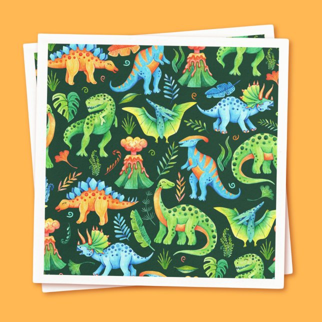 Watercolor Dinosaurs T rex Boys Birthday Party Napkin (Watercolor Dinosaurs Boys Birthday on Dark Green Napkins)