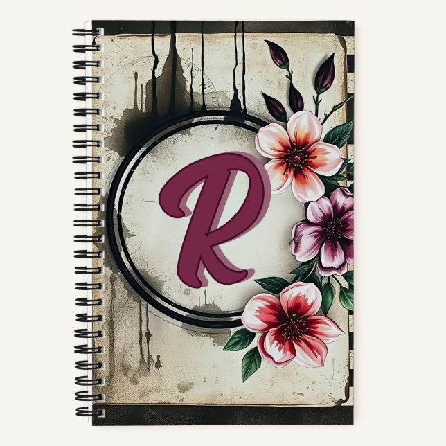 Watercolor Distressed Flowers Chic Messy Monogram Notebook (Front)