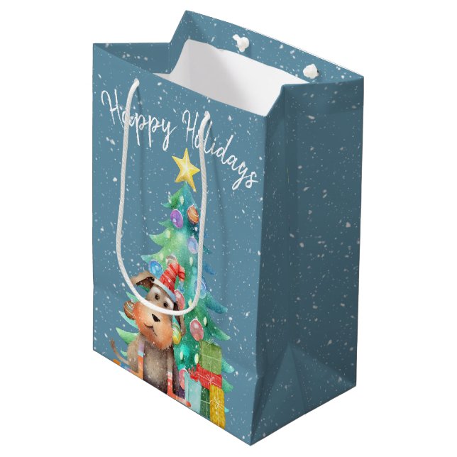 Watercolor Dog and Christmas Tree Medium Gift Bag (Front Angled)
