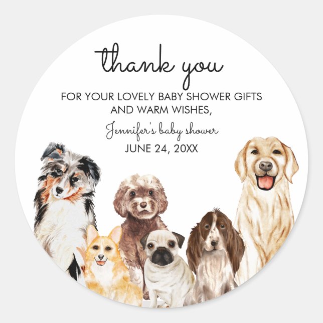 Watercolor Dog Breeds Thank you Classic Round Sticker (Front)