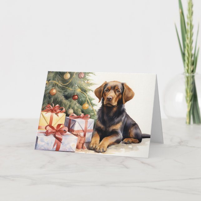 Watercolor Dog By Christmas Tree Card (Front)