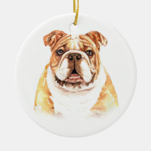 Watercolor Dog English Bulldog Christmas Ceramic Ornament