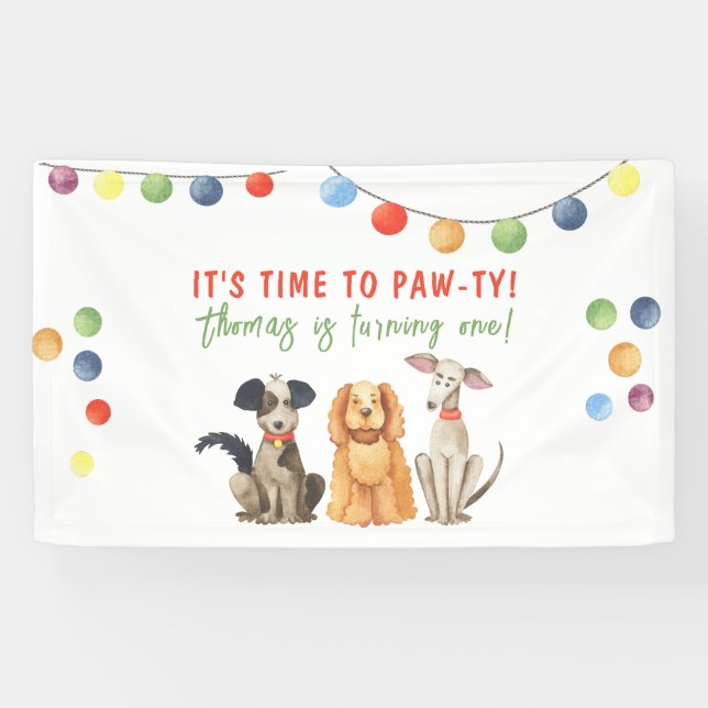 Watercolor Dog First Birthday Paw-ty Banner (Horizontal)