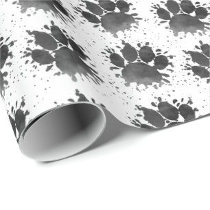 Watercolor Dog Paw Print Black and White Custom Wrapping Paper