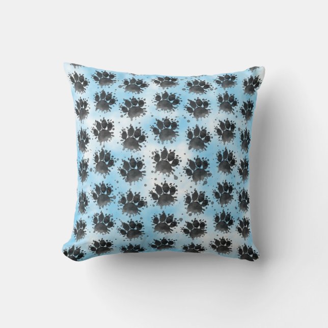 Watercolor Dog Paw Print Black White and Blue  Cushion (Front)