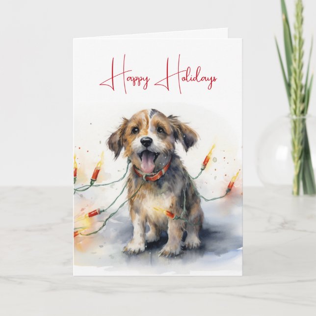 Watercolor Dog Tangled In Holiday Lights Card (Front)