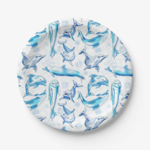 watercolor dolphin fish seamless pattern, dolphin  paper plate