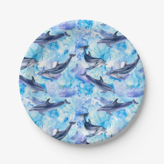 watercolor dolphin fish seamless pattern paper plate